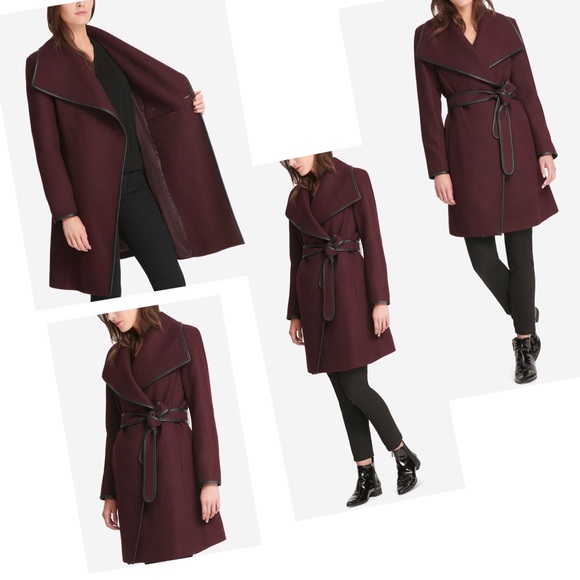 DKNY Faux-Leather-Trim Wrap Coat ๐งฅ in Bordeaux - Picture 10 of 17
